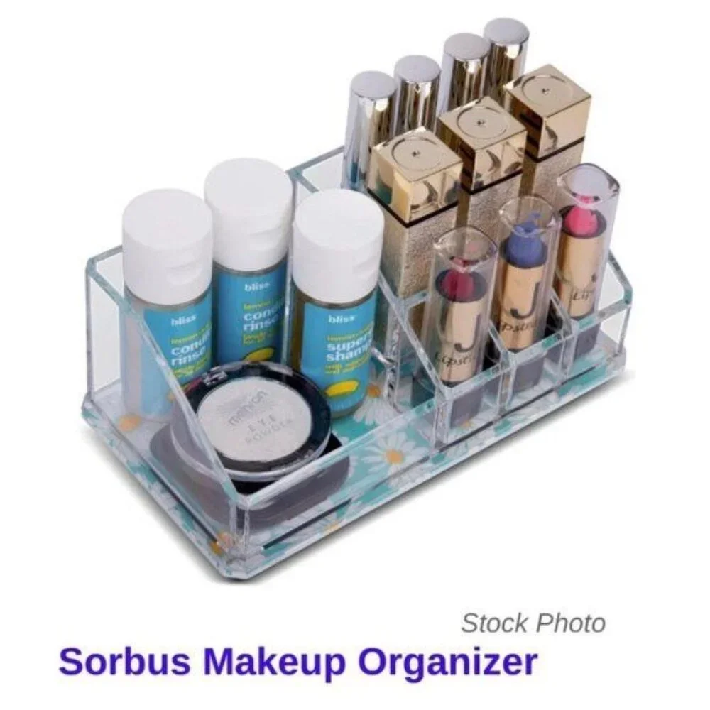 Sorbus Mini Makeup Organizer with 9 Slots Clear w/ Daisy Print Bottom Desk Dorm